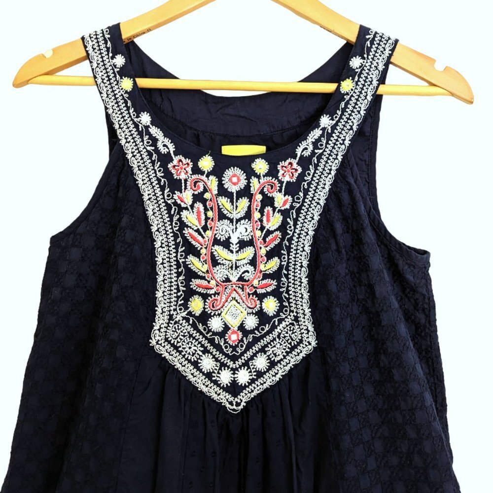 Anthropologie (Maeve) Tisa Boho Embroidered Swing Dress Navy‎ Blue Size 4 - Picture 3 of 5